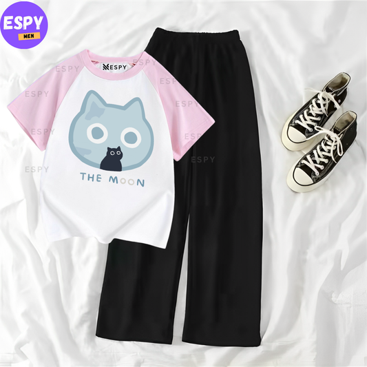 Contrast Summer Casual Two Piece Sets Fashion Women Kawaii Print T-Shirt And Pants Outfits Tracksuits