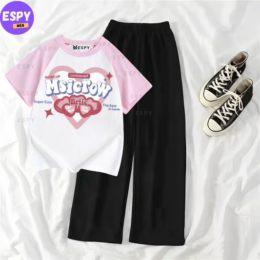 Contrast Summer Casual Two Piece Sets Fashion Women Kawaii Print T-Shirt And Pants Outfits Tracksuits