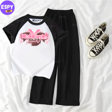 Contrast Summer Casual Two Piece Sets Fashion Women Kawaii Print T-Shirt And Pants Outfits Tracksuits
