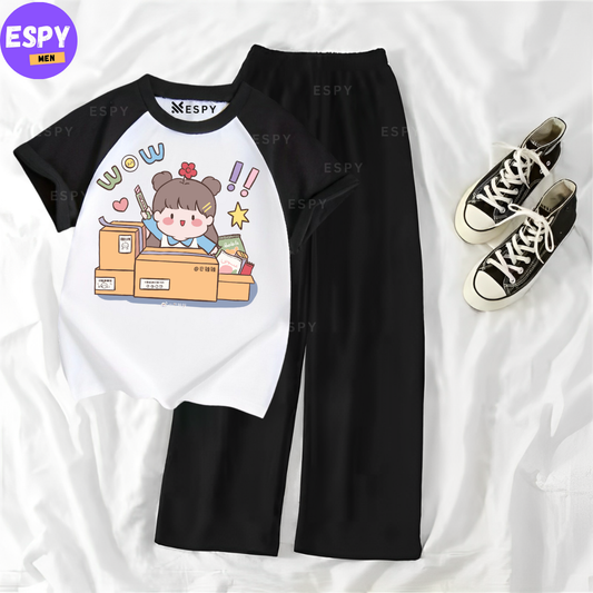 Contrast Summer Casual Two Piece Sets Fashion Women Kawaii Print T-Shirt And Pants Outfits Tracksuits