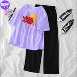 Summer Casual Two Piece Sets Fashion Women Printed T-Shirt And Straight Pants Outfits