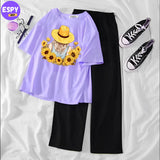 Summer Casual Two Piece Sets Fashion Women Printed T-Shirt And Straight Pants Outfits