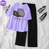 Women Summer Casual Two Piece Sets Printed T-Shirt And Straight Pants Outfits