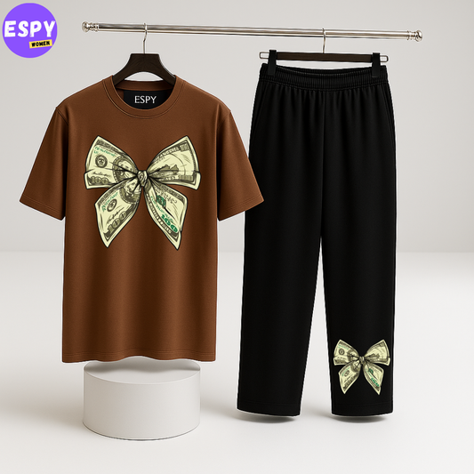 Women Summer Casual Two Piece Sets Printed T-Shirt And Straight Pants Outfits