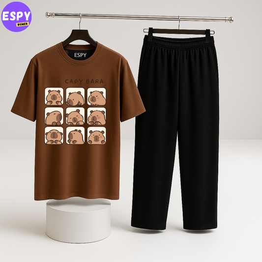 Women Summer Casual Two Piece Sets Printed T-Shirt And Straight Pants Outfits