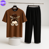 Women Summer Casual Two Piece Sets Printed T-Shirt And Straight Pants Outfits