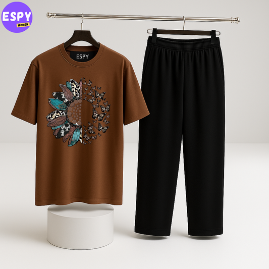 Women Summer Casual Two Piece Sets Printed T-Shirt And Straight Pants Outfits