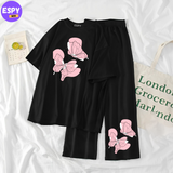 Women Summer Casual Two Piece Sets Printed T-Shirt And Straight Pants Outfits