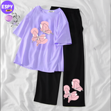 Women Summer Casual Two Piece Sets Printed T-Shirt And Straight Pants Outfits