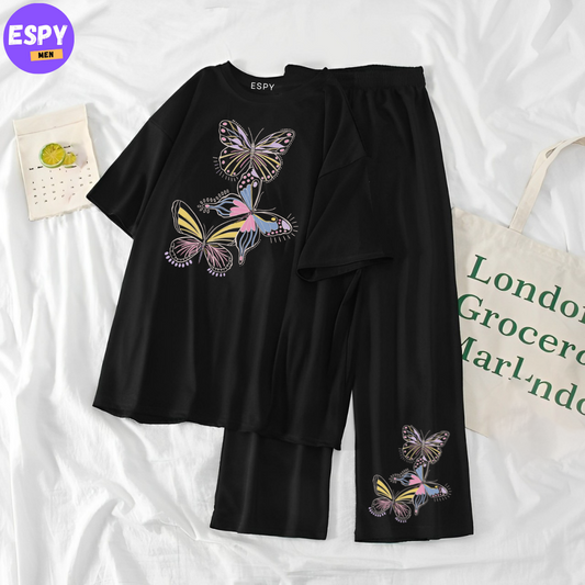 Women Summer Casual Two Piece Sets  Printed T-Shirt And Straight Pants Outfits