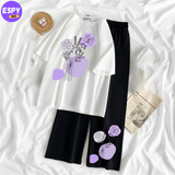 Women Summer Casual Two Piece Sets Printed T-Shirt And Straight Pants Outfits