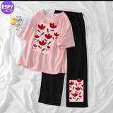Women Summer Casual Two Piece Sets Printed T-Shirt And Straight Pants Outfits