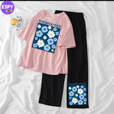 Women Summer Casual Two Piece Sets Printed T-Shirt And Straight Pants Outfits