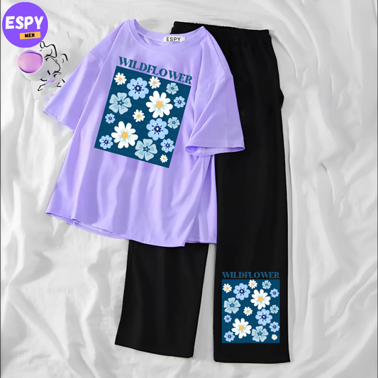 Women Summer Casual Two Piece Sets  Printed T-Shirt And Straight Pants Outfits