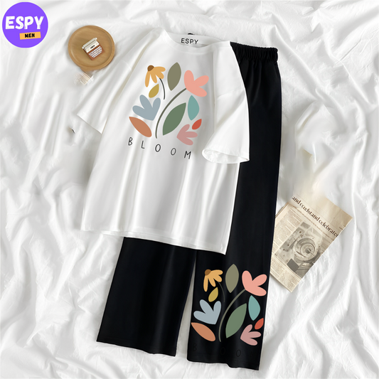 Women Summer Casual Two Piece Sets  Printed T-Shirt And Straight Pants Outfits