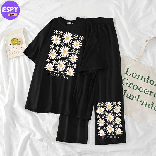 Women Summer Casual Two Piece Sets  Printed T-Shirt And Straight Pants Outfits