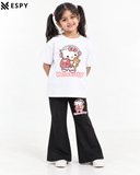 Trendy Hello Kitty Girls 2-Piece Co-Ord Set with Black Flared Pants