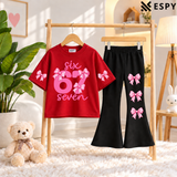 Girls Bow Print Drop Shoulder T-Shirt & Black Flared Pants 2-Piece Outfit Set