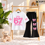Girls Bow Print Drop Shoulder T-Shirt & Black Flared Pants 2-Piece Outfit Set