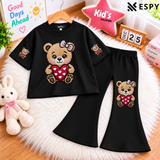 Girls Panda Print Drop Shoulder T-Shirt with Black Flared Pants Set