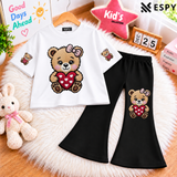 Girls Panda Print Drop Shoulder T-Shirt with Black Flared Pants Set