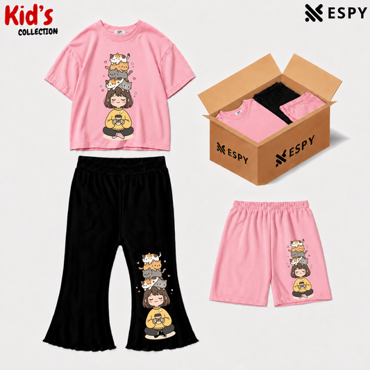Kids 3-Piece Outfit Bundle Set – T-Shirt, Flared Pant & Shorts