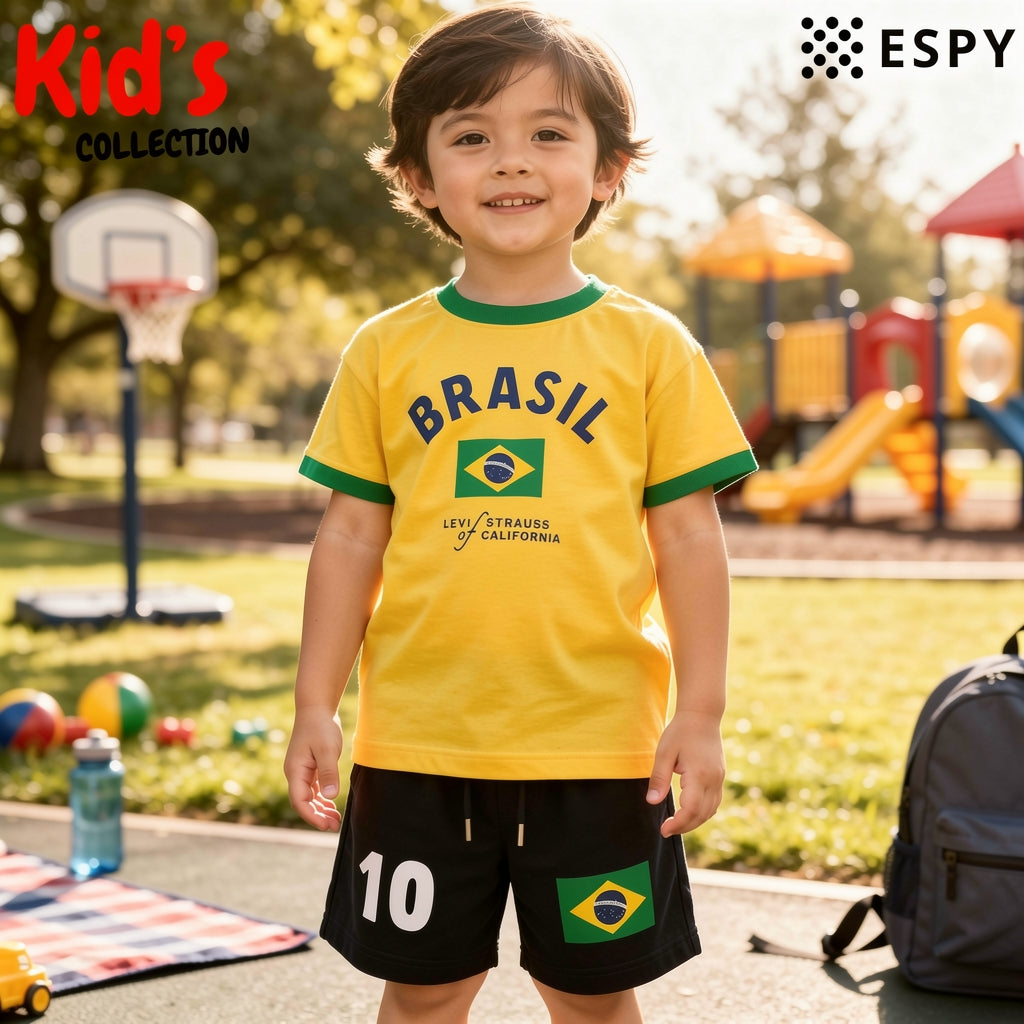 Kids Brazil  World Cup Cotton Drop Shoulder T-Shirt & Pant Set