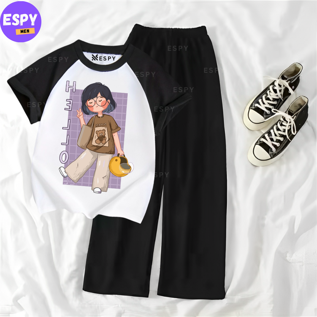 Contrast Summer Casual Two Piece Sets Fashion Women Kawaii Print T-Shirt And Pants Outfits Tracksuits