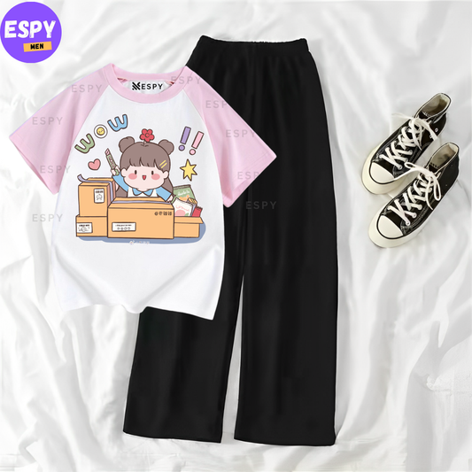 Contrast Summer Casual Two Piece Sets Fashion Women Kawaii Print T-Shirt And Pants Outfits Tracksuits