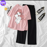 Summer Casual Two Piece Sets Fashion Women Printed T-Shirt And Straight Pants Outfits