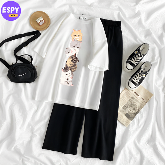 Summer Casual Two Piece Sets Fashion Women Floral Print T-Shirt And Straight Pants Outfits