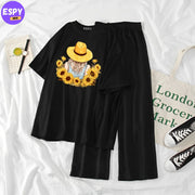 Summer Casual Two Piece Sets Fashion Women Printed T-Shirt And Straight Pants Outfits