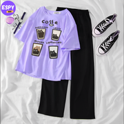 Coffee Summer Casual Two Piece Sets Fashion Women Floral Print T-Shirt And Straight Pants Outfits Tracksuits