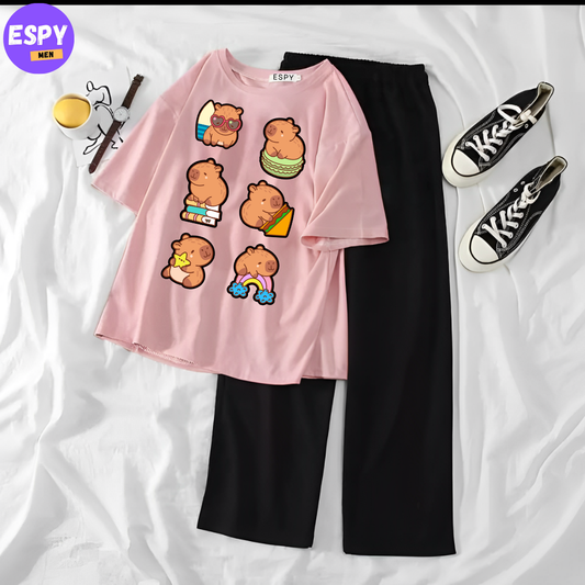 Women Summer Casual Two Piece Sets  Printed T-Shirt And Straight Pants Outfits