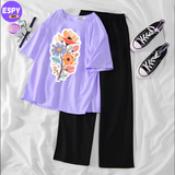 Summer Casual Two Piece Sets Fashion Women Printed T-Shirt And Straight Pants Outfits