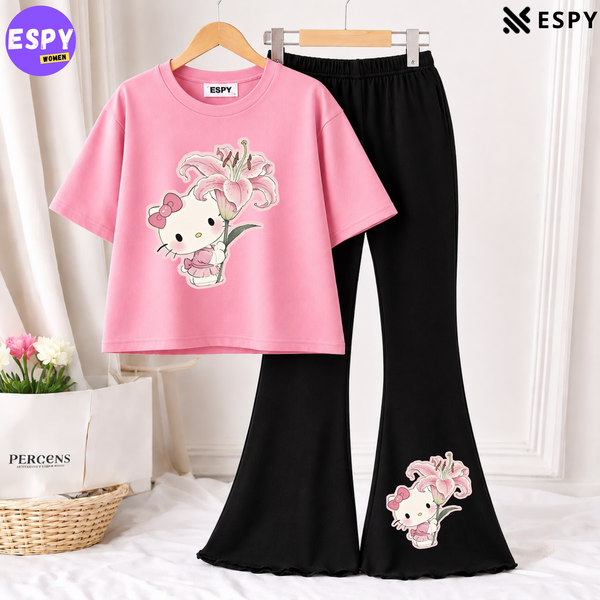 Trendy Women’s Co-Ord Set – Loose Fit Tee & Bootcut Pants