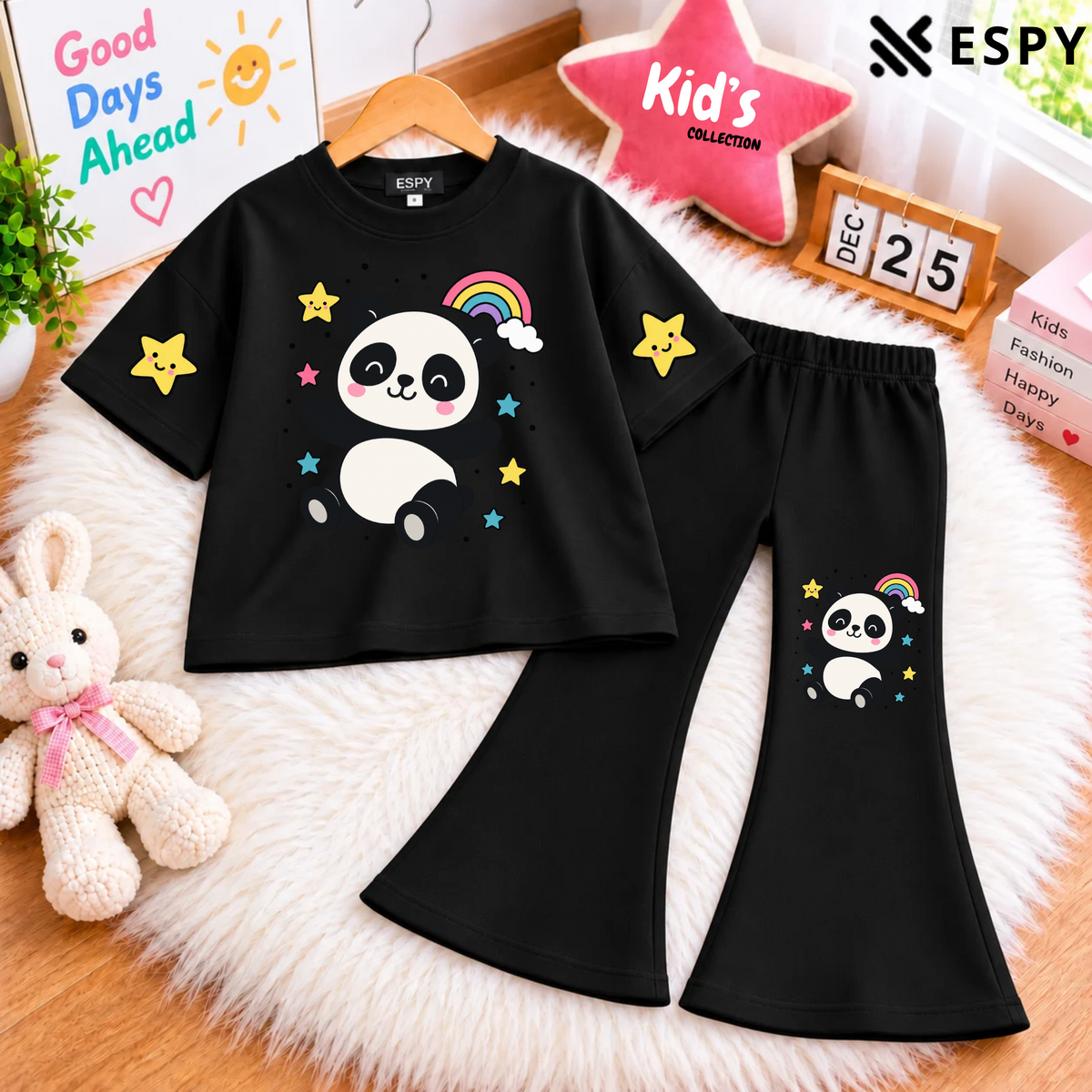 Girls Trendy Panda Print Drop Shoulder T-Shirt with Black Flared Pants Set