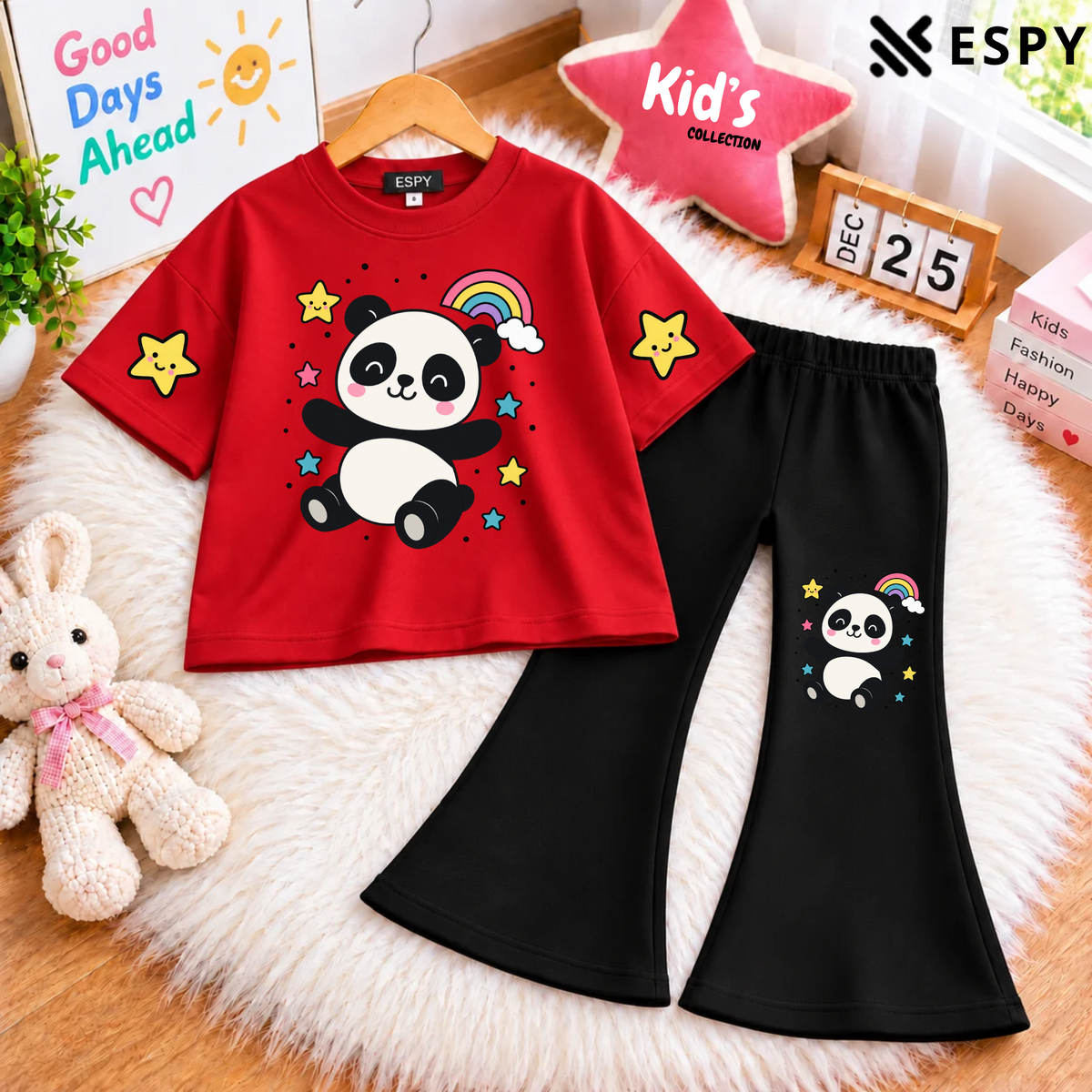 Girls Trendy Panda Print Drop Shoulder T-Shirt with Black Flared Pants Set