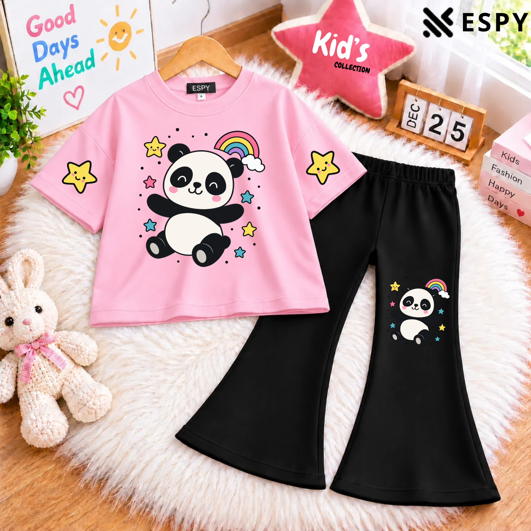 Girls Trendy Panda Print Drop Shoulder T-Shirt with Black Flared Pants Set