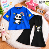 Girls Trendy Panda Print Drop Shoulder T-Shirt with Black Flared Pants Set