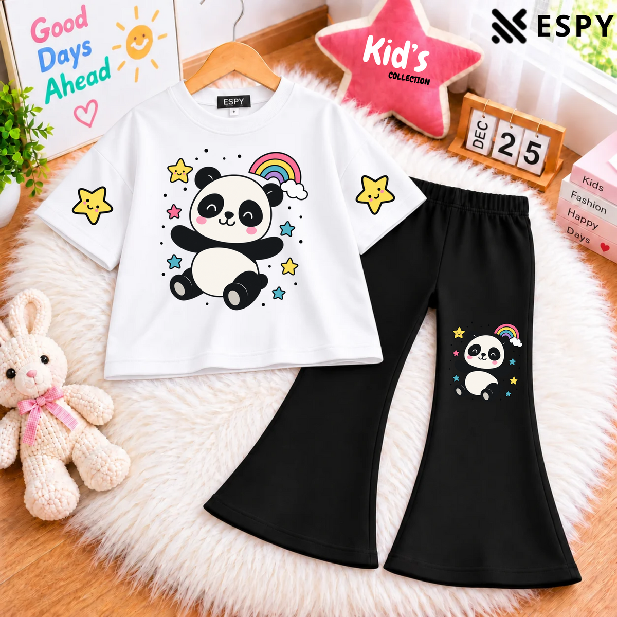 Girls Trendy Panda Print Drop Shoulder T-Shirt with Black Flared Pants Set