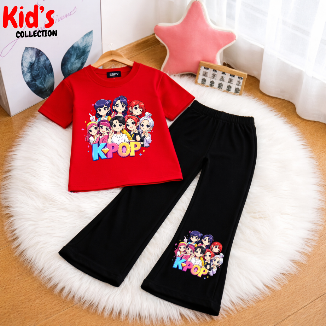 Trendy  Kids 2-Piece Outfit Set – K-pop Top & Black Flared Pants