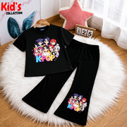 Trendy  Kids 2-Piece Outfit Set – K-pop Top & Black Flared Pants