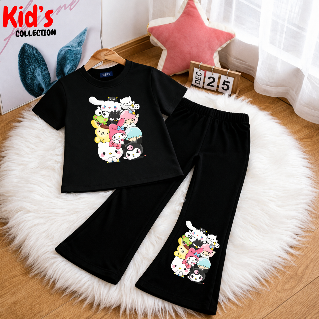 Trendy Kids 2-Piece Bts Outfit Set – Top & Black Flared Pants