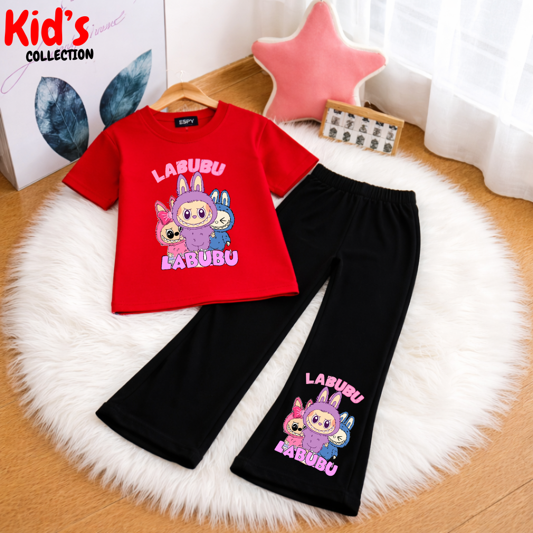 Trendy Kids Labubu 2-Piece Outfit Set – Top & Black Flared Pants
