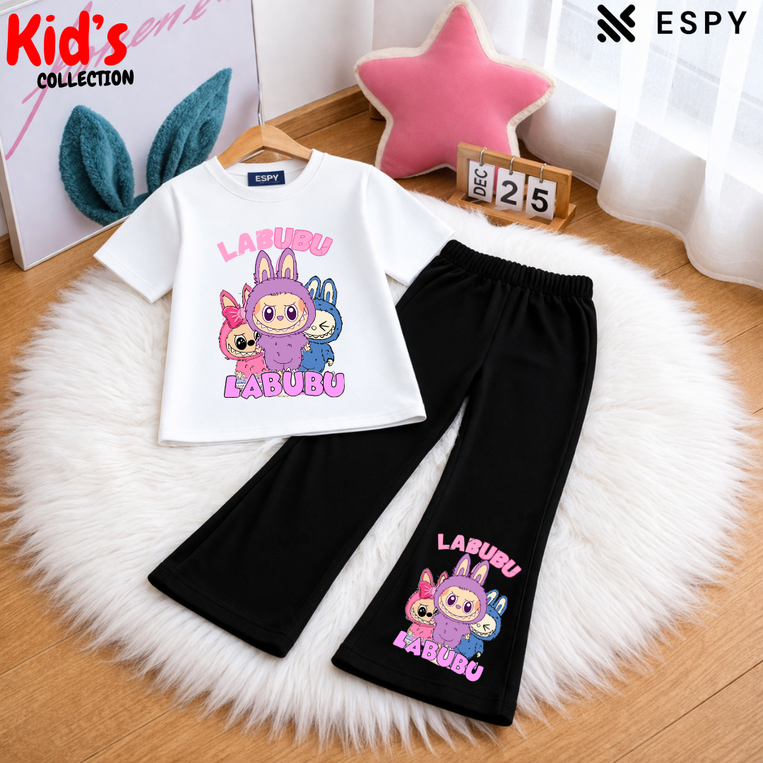 Trendy Kids Labubu 2-Piece Outfit Set – Top & Black Flared Pants