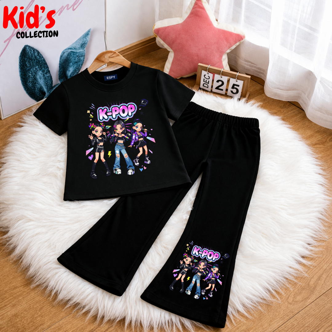 Trendy K-pop Kids 2-Piece Outfit Set – Top & Black Flared Pants