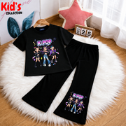 Trendy K-pop Kids 2-Piece Outfit Set – Top & Black Flared Pants