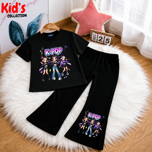 Trendy Kids 2-Piece Outfit Set – Top & Black Flared Pants