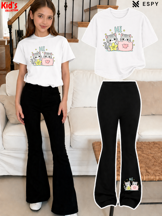 Trendy Girls Printed Co-Ord Set with Flared Pants